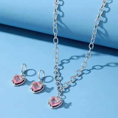 Trendy Pink Zircon Heart Water Drop Pendant Necklace for Women 